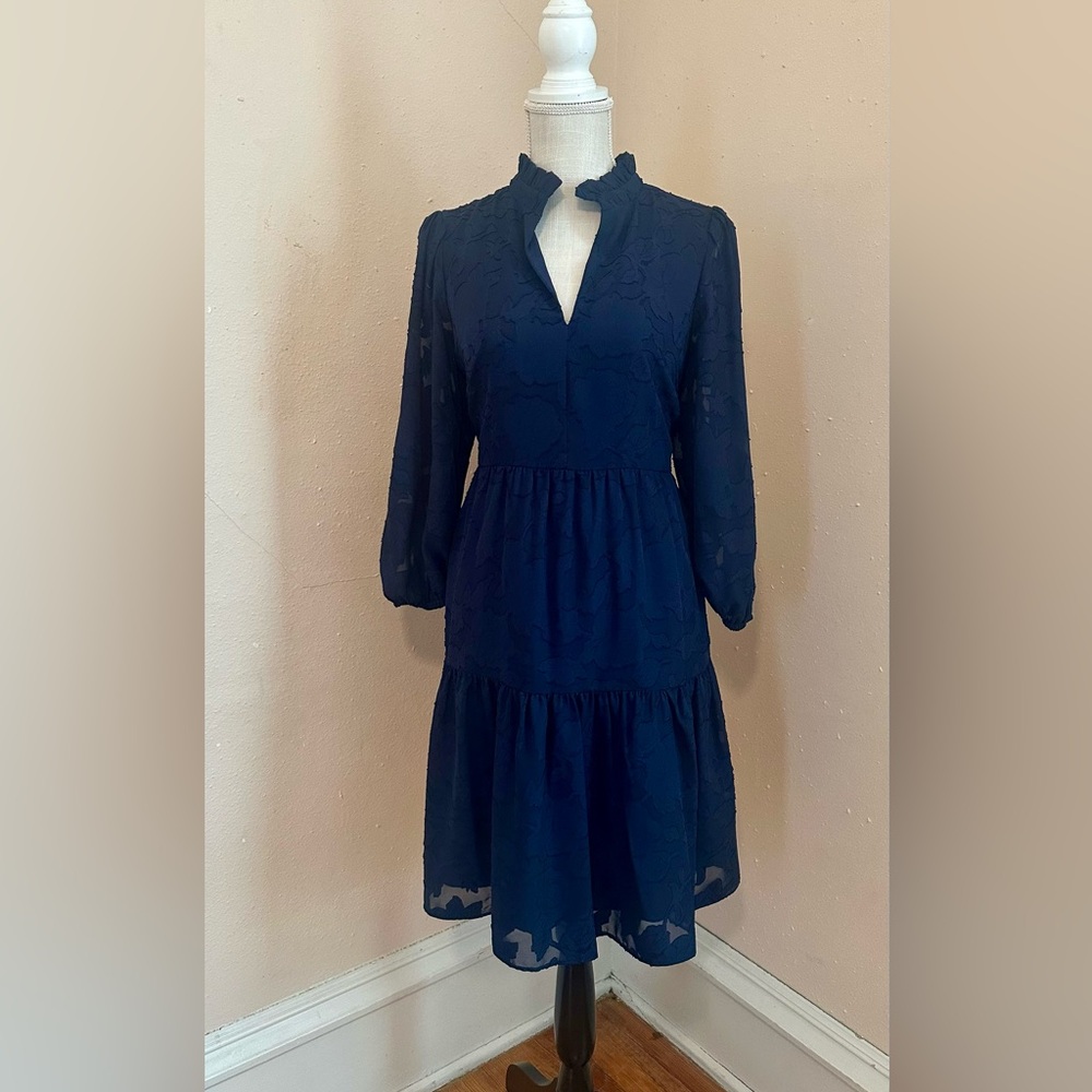 Jessica Howard Navy Ruffle V-Neck Midi Dress